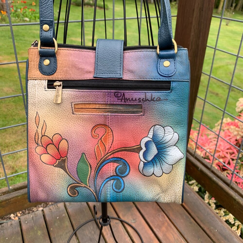 Anuschka Crossbody Hand-Painted Leather Flower and Bird Handbag - Picture 2 of 15